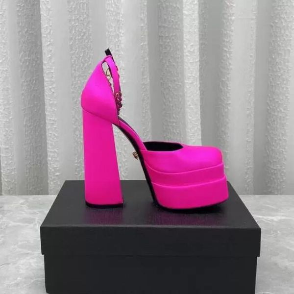 woman crystal medusa aevitas double platform pump dress shoe lady fashion luxurys designer square toe high heel sandal genuine leather silk, Black